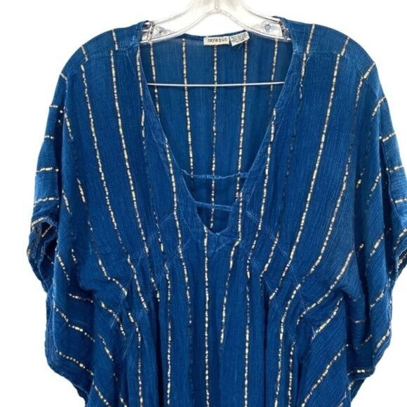 Raya Sun Cover Up Kaftan Blue Gold Boho Beach Vacation Swimsuit Coverup - Picture 9 of 13